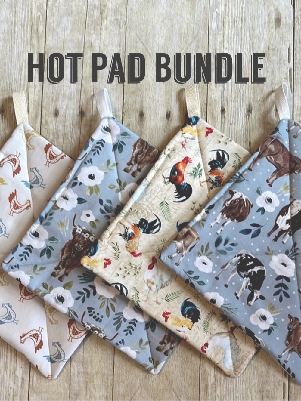 Bundle of 4 Farm Animal Print Pot Holders Set Farmhouse Kitchen